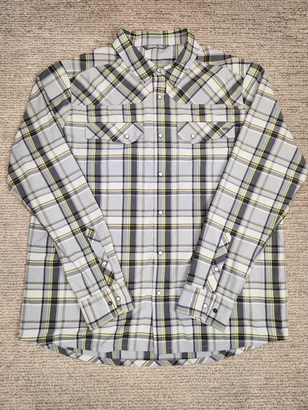 Stio Eddy Pearl Snap Shirt Mens XL Gray Yellow Plaid Nylon Blend Western Outdoor